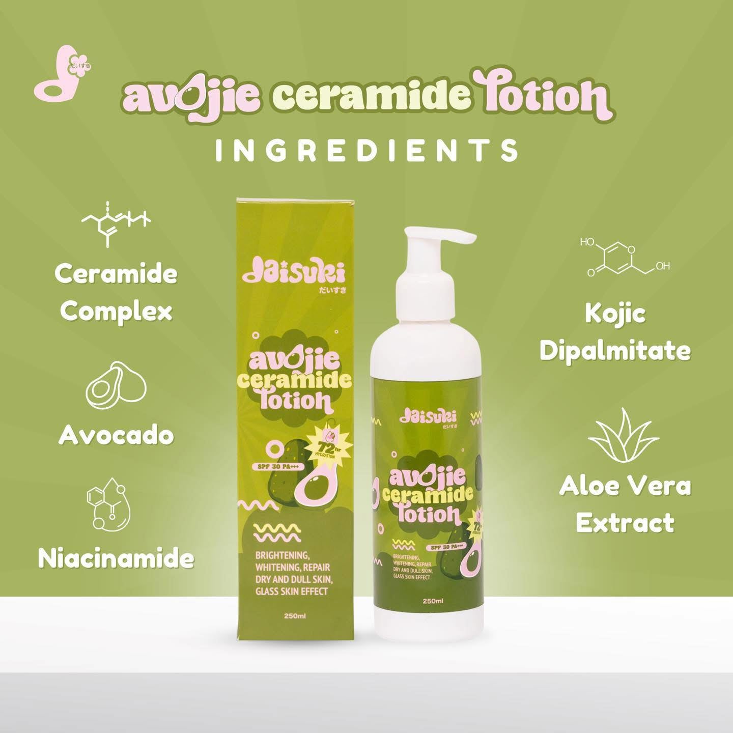 DAISUKI SKIN Avojie & Ceramide Lotion with SPF 30 Niacinamide, Aloe Vera, & Kojic Dipalmitate 250ml